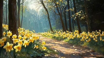 Daffodils blooming in a Midwest woodland on a beautiful spring day.