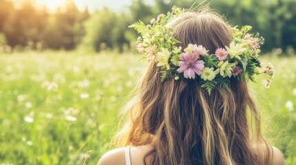 Naklejka premium Floral Crown & Golden Hour: A woman stands in a vibrant meadow, bathed in the golden light of sunset, her long, flowing hair adorned with a delicate crown of fresh wildflowers.