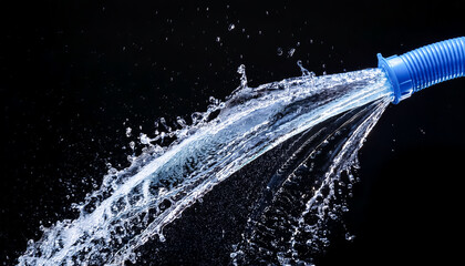 rubber hose, plastic, tube, water, emit, splash, sprinkle, droplet, momentum, strong, instant, transparent, repel, close-up, black background