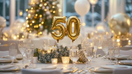 Golden Jubilee Celebration: A beautifully decorated table set for a 50th anniversary dinner, featuring elegant tableware, warm candlelight, and festive décor.