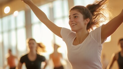 Energetic fitness class with smiling woman exercising in bright studio