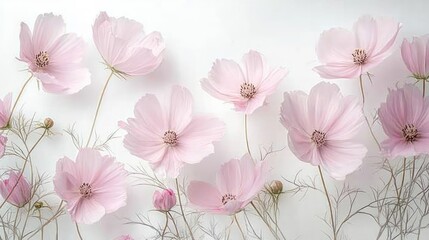 Fototapeta premium Delicate pink cosmos flowers with feathery foliage against a pristine white background, embodying spring's elegance.