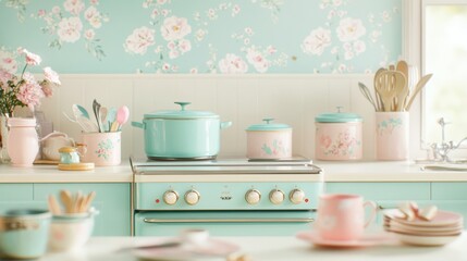 Pastel Kitchen Dreams: A vintage-inspired kitchen with aqua blue cabinets, countertops and appliances is adorned with delicate floral wallpaper.