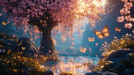 Enchanted springtime fairytale landscape featuring blossoming trees a flowing stream with a waterfall and glowing butterflies fluttering amidst the lush vibrant foliage