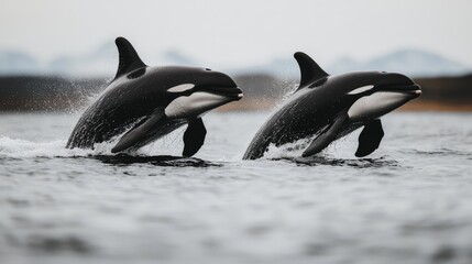 Fototapeta premium Whales breaching side by side in the ocean, their movements synchronized, symbolizing partnership and mutual support.