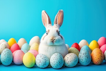 Easter bunny surrounded by a rainbow colorful eggs, set against a bright blue backdrop.