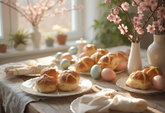 Osterbrunch mit Hot Cross Buns, Ostereiern und Fr&uuml;hlingsblumen