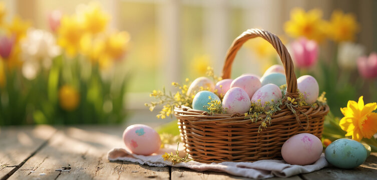 Osterkorb mit pastellfarbenen Eiern und Fr&uuml;hlingsblumen auf Holztisch