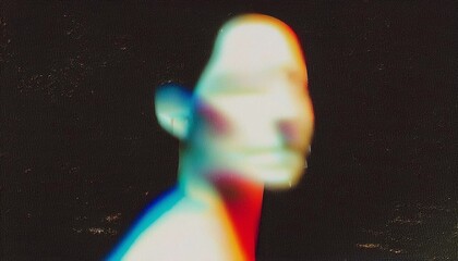 Iridescent blurry grainy face silhouette photo on black background