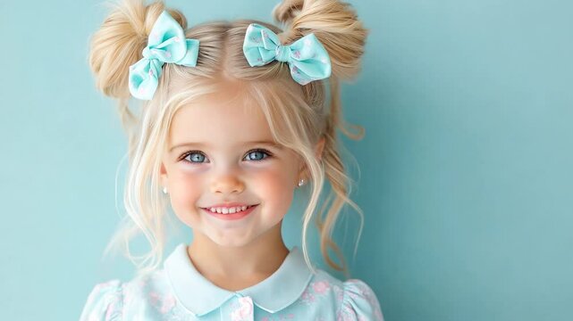 Smiling young blonde girl with hair in pigtail buns and blue bows, wearing floral dress against pastel blue background, cheerful and innocent