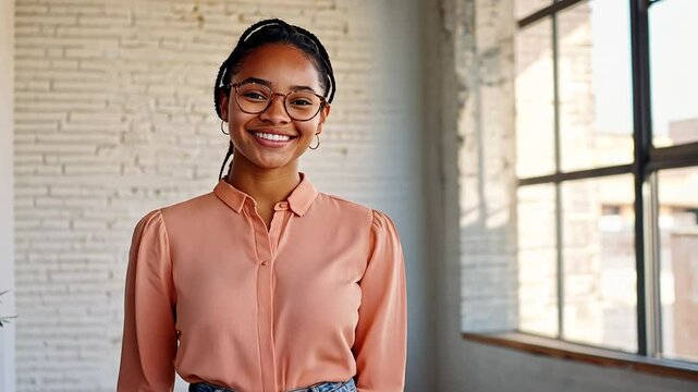 Young Woman in Loft Style Interior with Whitewashed Brick Wall