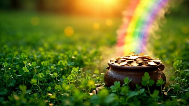 Boiling leprechaun pot with a rainbow that spews gold. Funny video. St. Patrick. Traditions of Ireland.