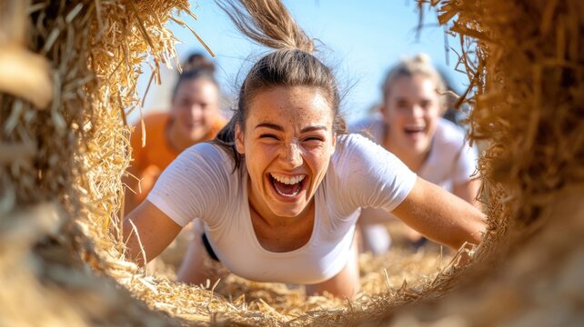 Outdoor fitness adventure with friends in hay bale challenge - Powered by Adobe