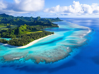 Fototapeta premium Aerial View of Pristine Tropical Island with Lush Greenery and Turquoise Lagoon