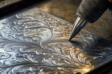 A skilled craftsman focuses on engraving an intricate pattern into a metal plate. The close-up detail showcases precision and artistry in the craftsmanship process