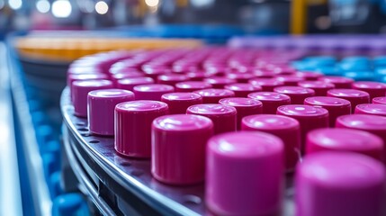 Obraz premium Industrial conveyor belt with vibrant purple products