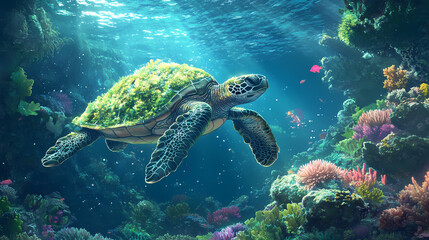 Obraz premium A turtle with a moss-covered shell gliding through a tranquil crystal-clear lagoon surrounded by glowing coral. Ethereal Lagoon. Illustration