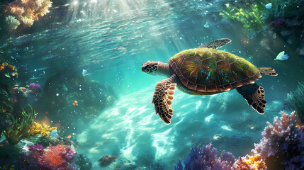 Obraz premium A turtle with a moss-covered shell gliding through a tranquil crystal-clear lagoon surrounded by glowing coral. Ethereal Lagoon. Illustration