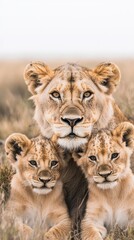 Obraz premium A close-up of a family of lions, or lion prider, with adult lions nuzzling their cubs, showing tenderness and care.