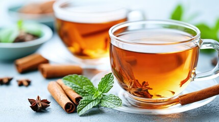Aromatic spiced tea in glass cups, mint, cinnamon, star anise. Food blog, recipe