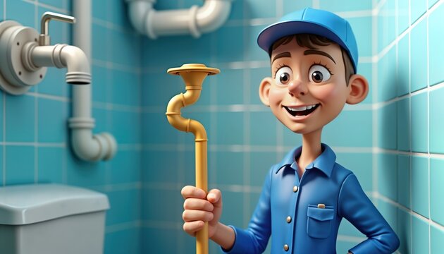 Friendly cartoon plumber holds flexible yellow drainpipe tool. Stands in bathroom setting with blue tiles, pipes. Smiling, ready to help with plumbing issues. 3d illustration suitable for plumbing