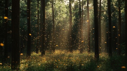 Obraz premium Sunlight streaming through a forest with glowing insects and wildflowers below creating a magical scene