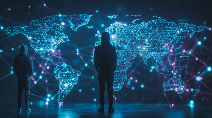 Obraz premium Hacker are planning to hack and attack networks and cyber security systems.team people innovation connection of line from nail node to node on map background , networking concept