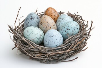 Obraz premium Easter eggs in pastel colors nestled in a natural nest on a clean white background, ideal for spring decor.