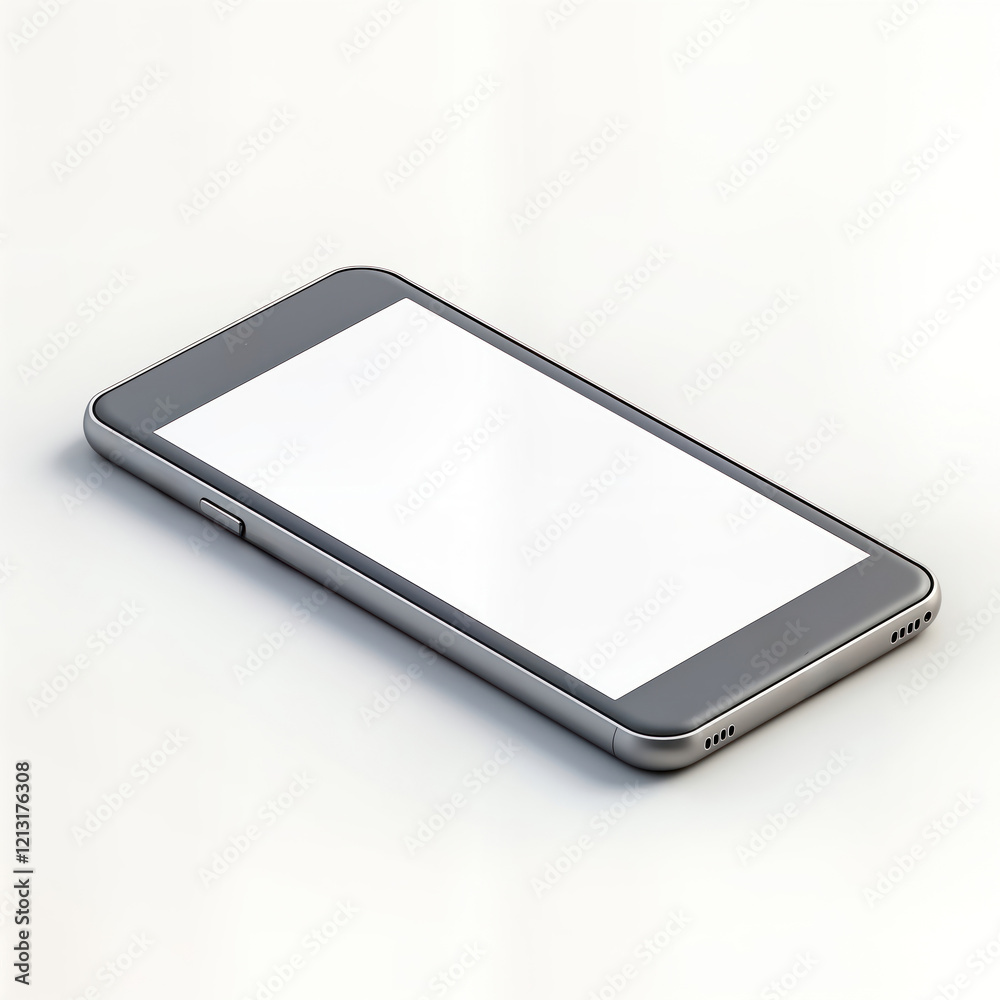 Poster modern silver smartphone mockup. blank screen tech device. empty display. perspective view. portable
