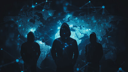 Obraz premium Hacker are planning to hack and attack networks and cyber security systems.team people innovation connection of line from nail node to node on map background , networking concept