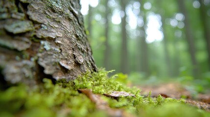 Obraz premium Forest floor moss, tree bark, sunlight, calm background. Nature photography for website, blog