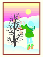 Feeding the Birds in Winter vector clipart illustration