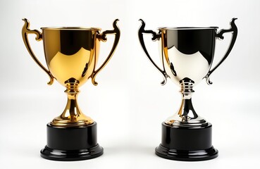Gold, silver trophy cups stand on white background. Shiny metal cups with black bases. Awards for winners in competition. Success, achievement concept. Prize for victory in sports competitions.