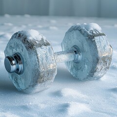 Chilling Workout: Frost-Covered Dumbbells on White Background Symbolizing Cold Exercise Regime