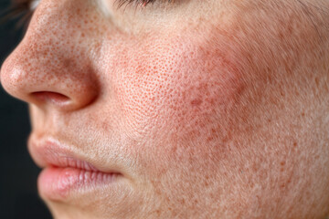 Fototapeta premium The image is a close-up of a person's face, showing a section of the cheek and nose