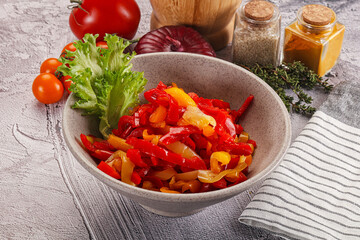 Diced raw bell red and yellow pepper