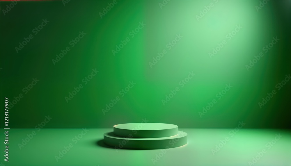 Poster Empty studio display with green background, circular podium. Minimalist design for product presentation. Empty room with modern design style. Interior concept shot for product display. Blank studio