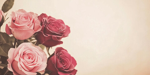 Romantic bouquet of pink and red roses on a soft beige background