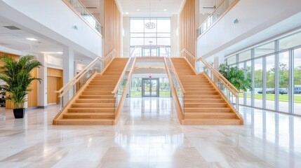Obraz premium Modern building lobby with double staircases, bright interior, and outdoor view; ideal for corporate brochures