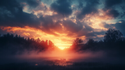 Fototapeta premium Dramatic Sunset Over a Misty Forest Lake