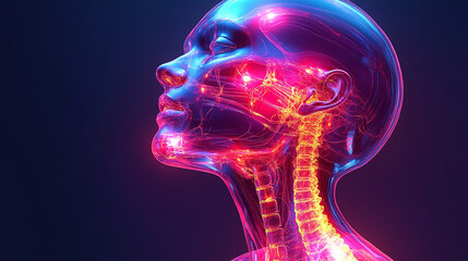 Profile View of a Human Body Undergoing Transformation With Glowing Neural Pathways and Energy Flows