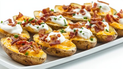 A platter of loaded potato skins filled with melted cheddar cheese, crispy bacon bits, sour cream