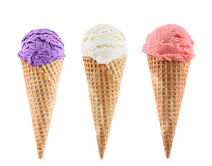 Various ice creams with cone isolated on white