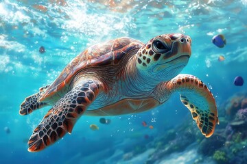 Fototapeta premium majestic ocean turtle swimming gracefully through clear blue waters surrounded by vibrant coral reefs and schools of colorful fish embodying marine serenity