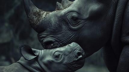 Fototapeta premium A close-up shot of a rhino mother and her baby, showcasing their textured skin and horns