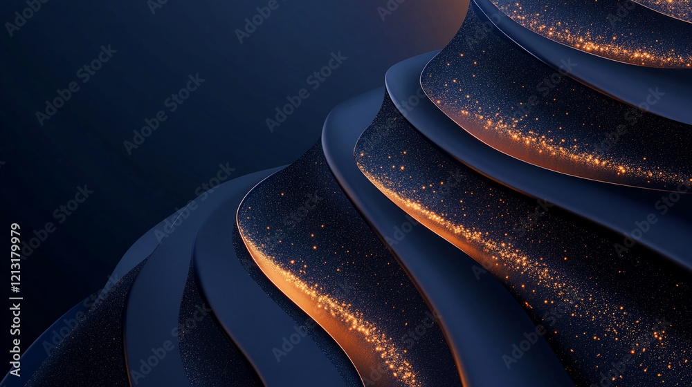 Poster abstract waves with golden sparkles on dark background