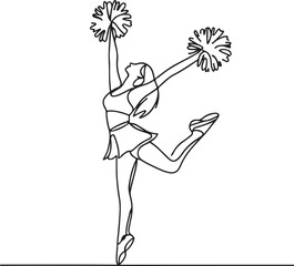 Cheerleader Jumping with Pom-Poms – Vector Line Art for Digital Designs