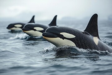 majestic pod of orcas known as killer whales swimming gracefully together in the vast deep blue ocean showcasing their power and beauty as they navigate through the water hunting for prey