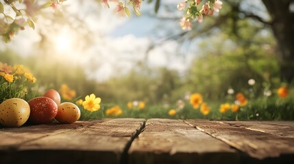 Wooden table with easter or spring theme blurred background