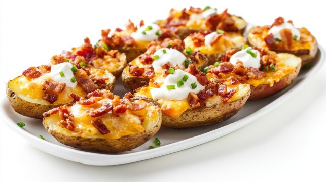 A platter of loaded potato skins with crispy potato halves, melted cheese, bacon bits